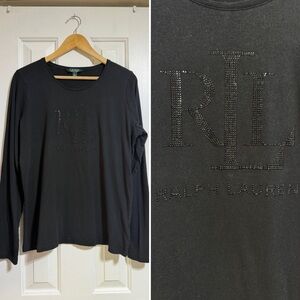 Ralph Lauren black metallic stud jewel long sleeve graphic tee monogram shirt XL
